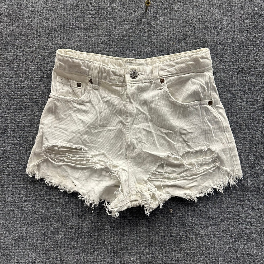Zara Shorts Womens Size 2 White Distressed Ripped Raw Hem Cotton Denim Casual